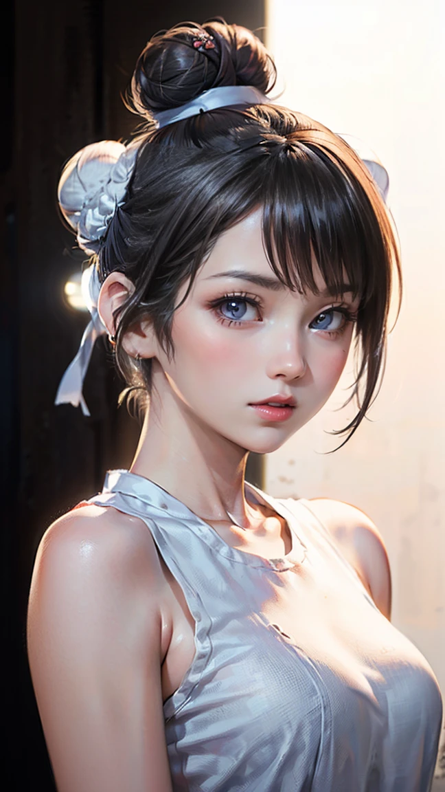 (Masseter muscle area), Realistically, Photorealist, A Japanese beauty, Beautiful Face、A vivid face、Short black hair、Beautiful Hair、Lips parted, Realistic Skin、Beautiful skins、Charm、Cute white organza blouse、 Upper body,Detailed,Dark Background,Backlight、