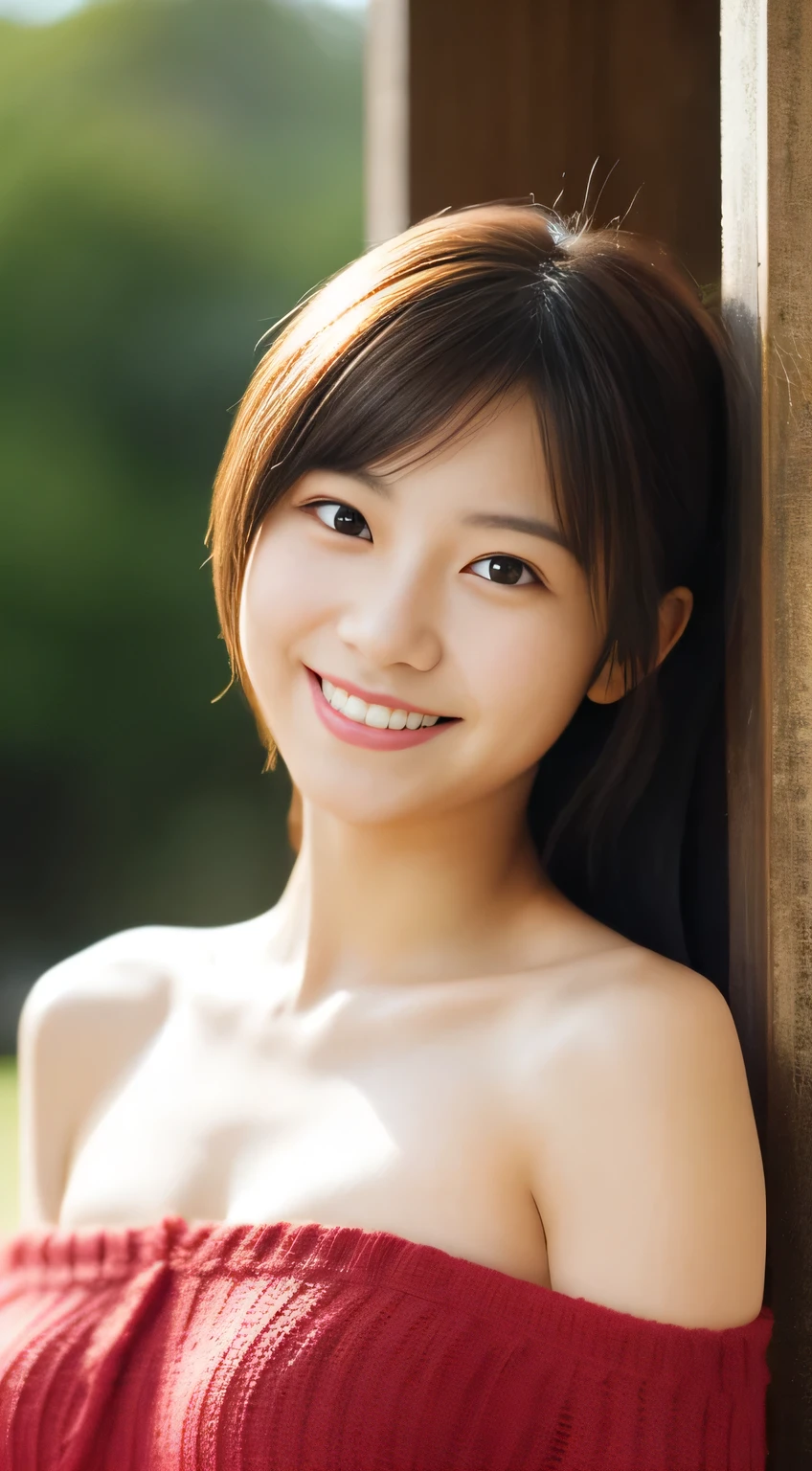 (ultra high res), 1 girl, Standing, Full Body Shot, smile, (nude), (topless:1.4), (beautiful bust), (medium bust:1.4), (nipple), Long Hair, Straight Hair, bangs, Brown Hair, From Side, Looking at Viewer(camera), shoot from above, denimshorts, white sneakers, Sunlight