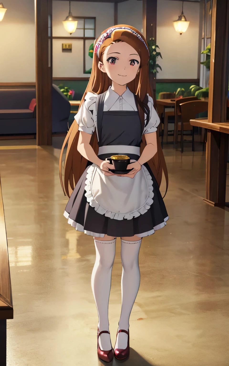 (best quality), (masterpiece), (High Resolution), (anime_style), (Iori Minase), 1girl, (mini-skirt maid), (Ultra mini skirt), (white thighhighs), mary Jane shoes, maid cafe, full body, (holding tray), Dazzling Smile、