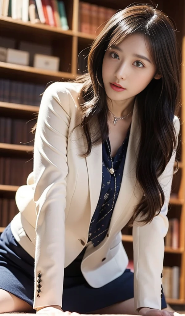 the 19 year old actress is the most beautiful woman in the world, her face is the prettiest, perfect proportions of a woman's body, blazer is worn with formal shirt on her upper body, her vagina between opened legs, two pairs of labia under a clitoris, her pubic hair, she is sitting on a couch, nsfw, best quality, highly detailed, masterpiece, ultra high res, photo realistic, 8k