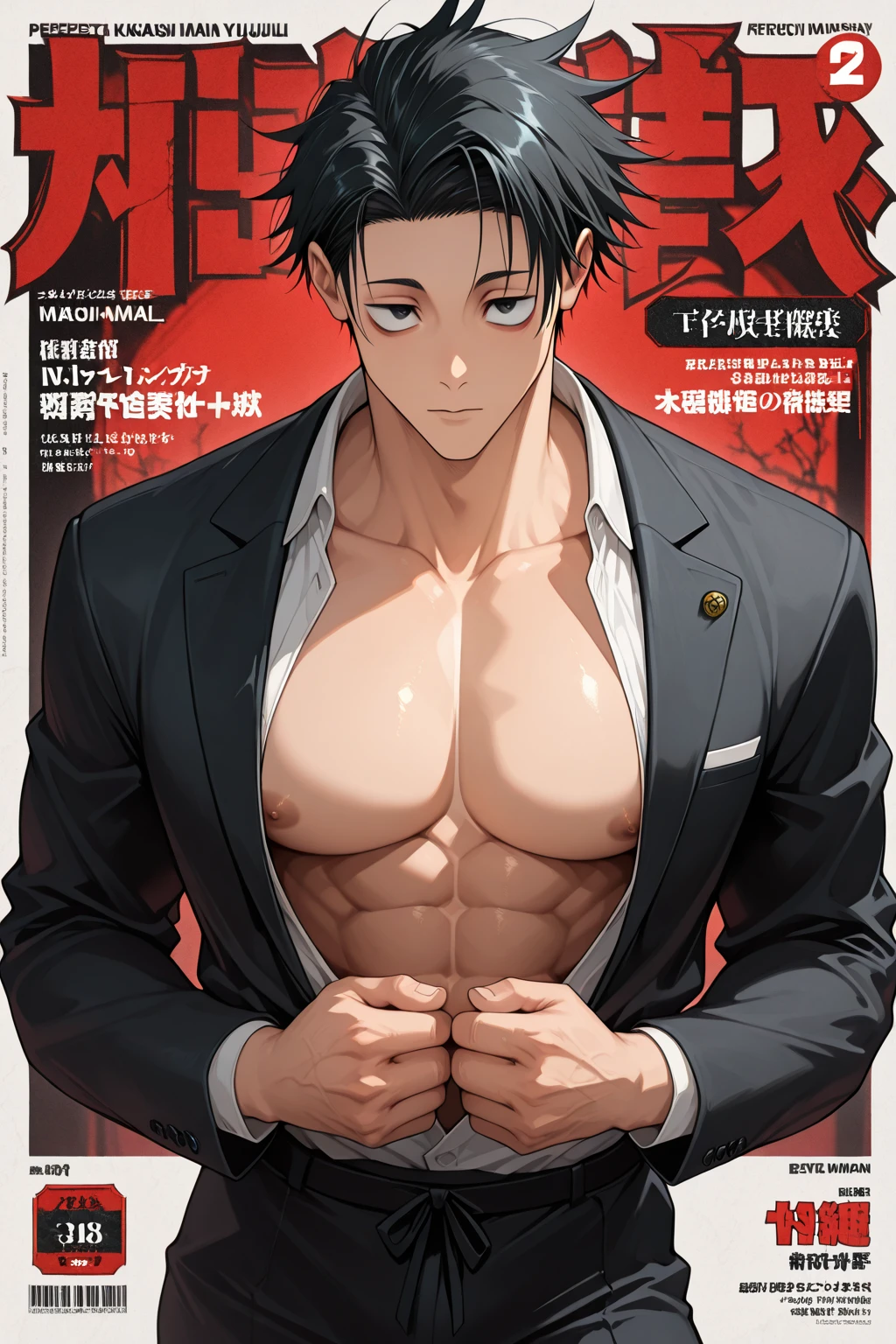 absurderes, hight resolution, 1male people, (Magazine covers:1.2), Yaoi, Stubble,clothes down, matured male, breathless, beefy,Thick eyebrow, (thick stomach:0.9), Male Focus, Dōjin Manga, (breast closeup:1.2), Detailed body,Ultra-detailed eyes,hyperdetailed face,(gray hair:1.2),(cropped hair:1.2)、(short hair:1.2),(hyper pecs:1.5),open clothe,(Soft smile:1.2)
