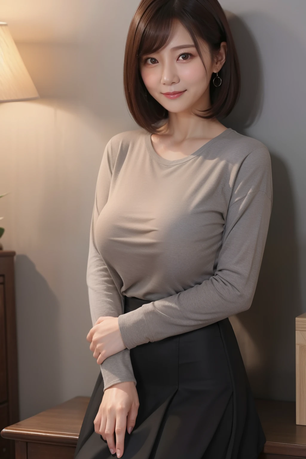 ((masterpiece))、((top quality))、pictures、reality、high image quality、very detailed、Married women、40 years old、mature women、Kind Face、short hair、 realistic background 、big and soft breasts、Sexy Smile、 office、Chamber of Secrets、 a room with shadows 、in a dark room、 wall、beige long sleeve undershirt、Saggy Breasts、saggy tits、With a straight face、Black Loose Long Skirt 、upper body、Grey tone 、