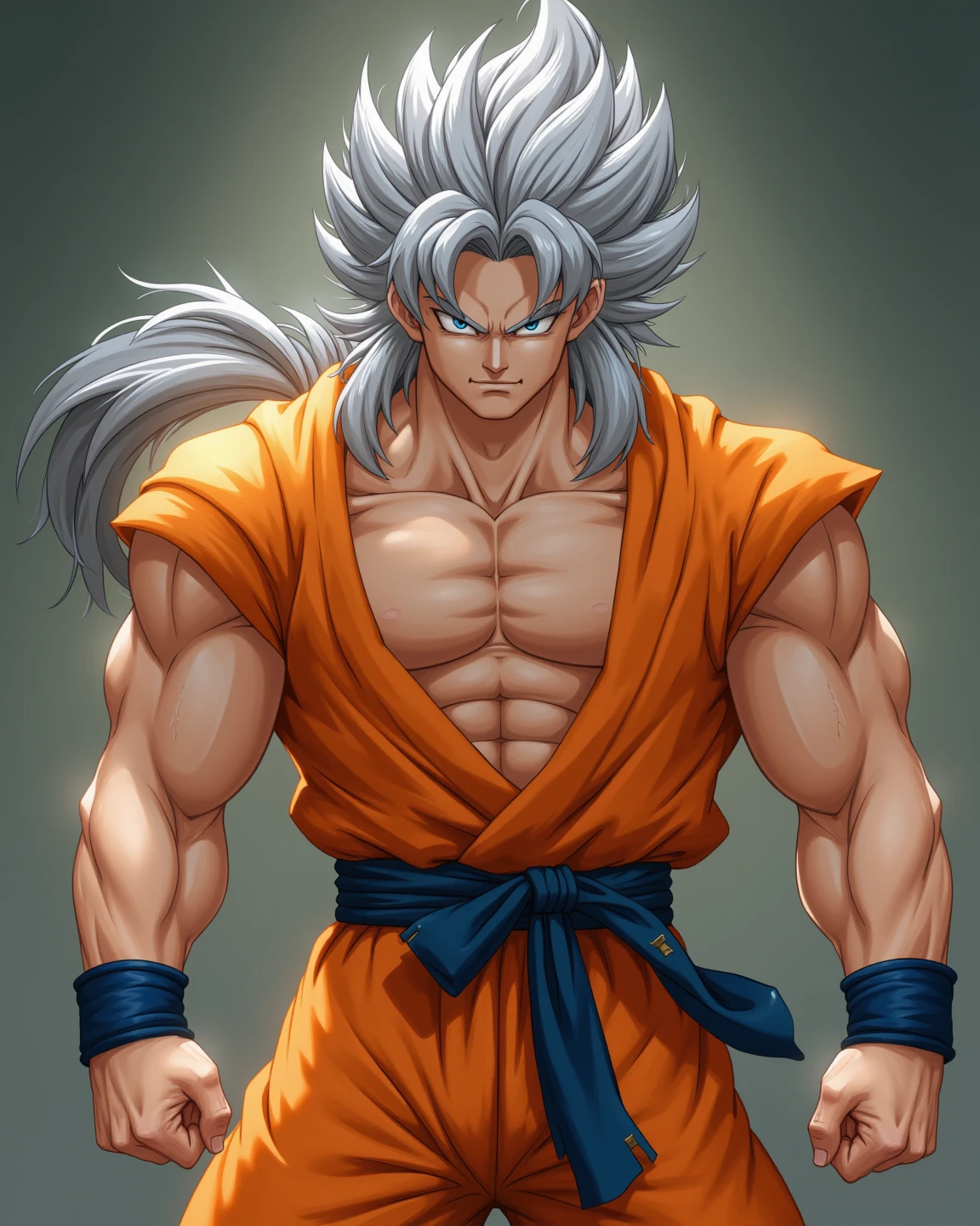 Man with long, bristly white hair reaching to his waist,semi muscular,Red eyes,shirtless,Silver fur on his arms and around his abdomen and pectorals,Jin's dark blue pants,white monkey tail,black boots(anime style,dragon ball)