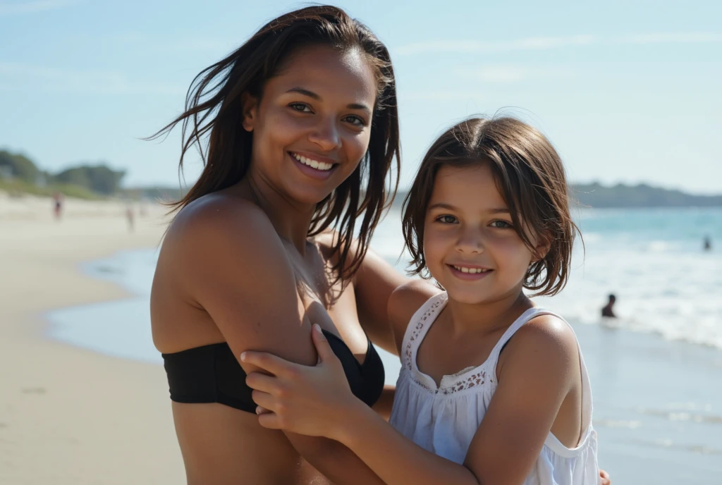A beautiful Indian woman is naked on beach . She is hugging a 15 year boy