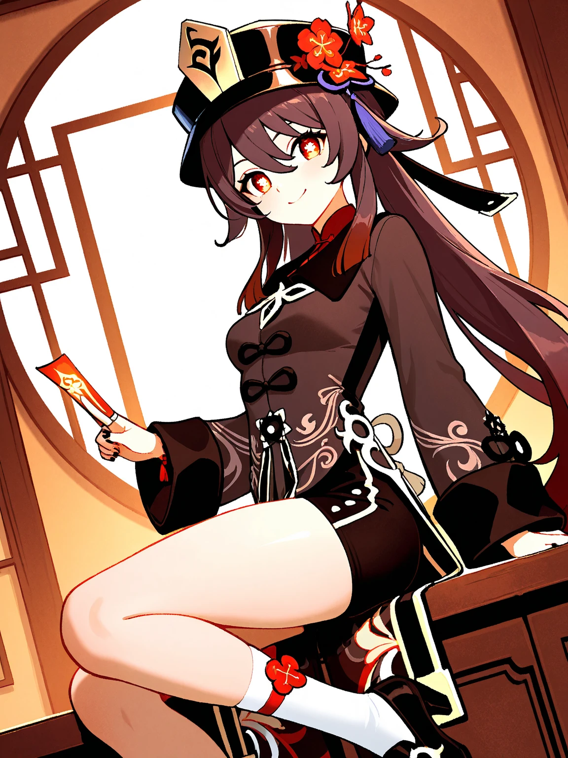 masterpiece, high quality, 1girl, solo, hu tao(genshin impact),boo tao,hat, brown hair, cute,smile,sitting,looking at viewer,indoors, night, moon,<lora:hutao_v2:0.7>,