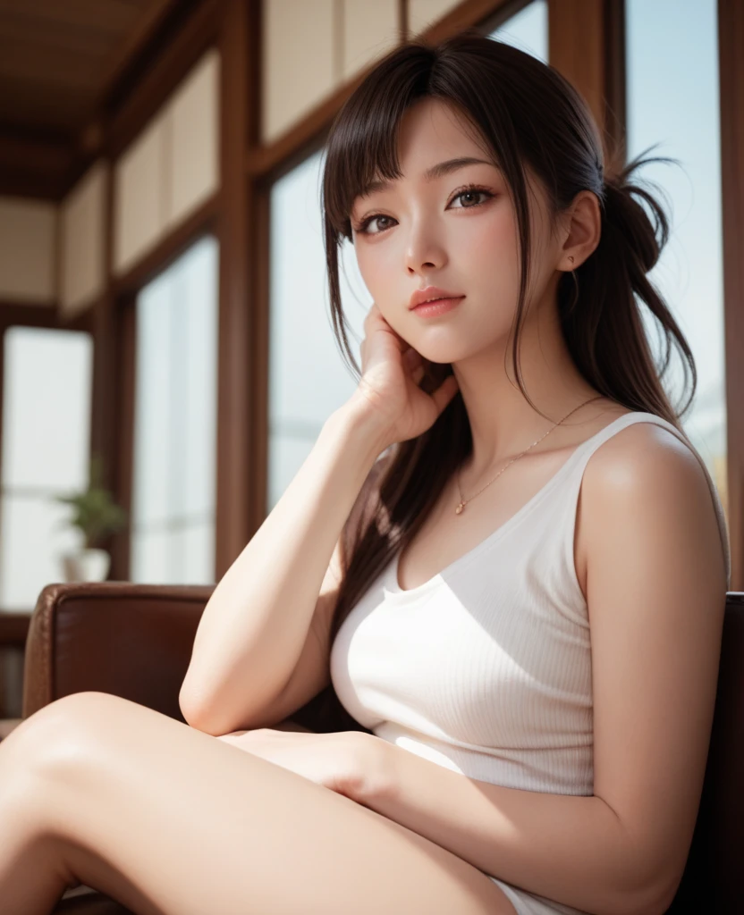 ((Best quality, 8k, Masterpiece: 1.3)), Sharp focus: 1.2, (1 AESPA girl: 1.3), (realistic, photo-realistic:1.37), face girl with cellphone, cute face, age 24, small breasts, flat chest, brunette short messy hair, or ponytail, (sitting paw pose: 1.1), white shirt, camisole, skirt, airport, terminal, station, something drinking, sunlight, kindness, cinematic lighting, (8k, masterpiece, best quality, raw photo)