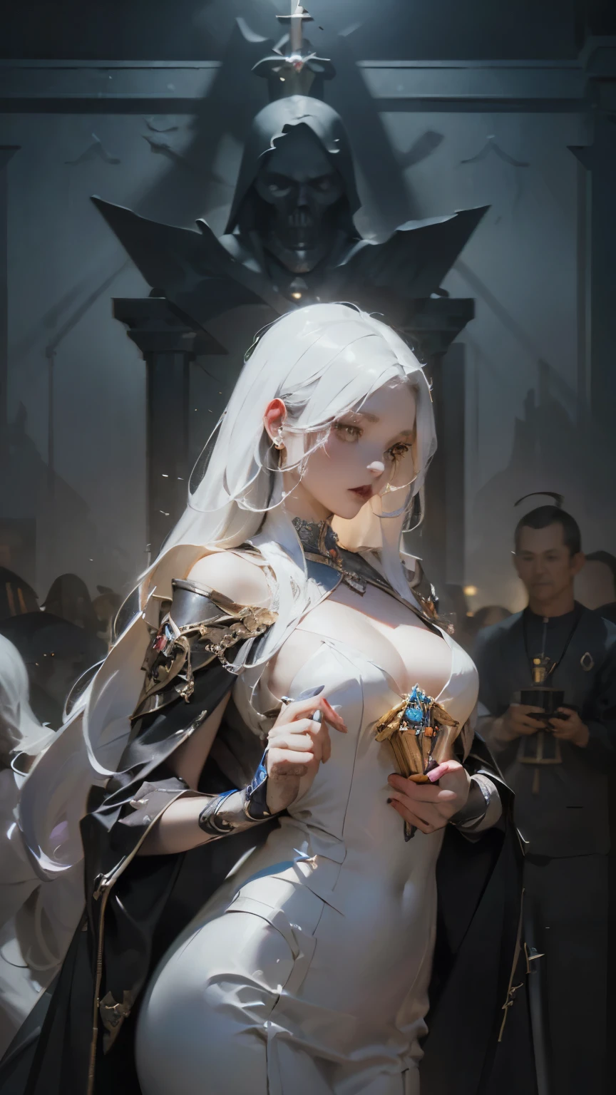 ( Surrealist Female Portraits ), (, dark fantasy art: 1.6), David Hockney and Alphonse Mucha Style, Amazing realism, Dynamic Lighting, 4K resolution , very detailed, MetallicCharacteristic Jewelry, Award winning , Cowboy Shooting, (erotic, Mode Fashion: 1.4), Long, white hair, Deep Shadow. Offer the Holy Grail,