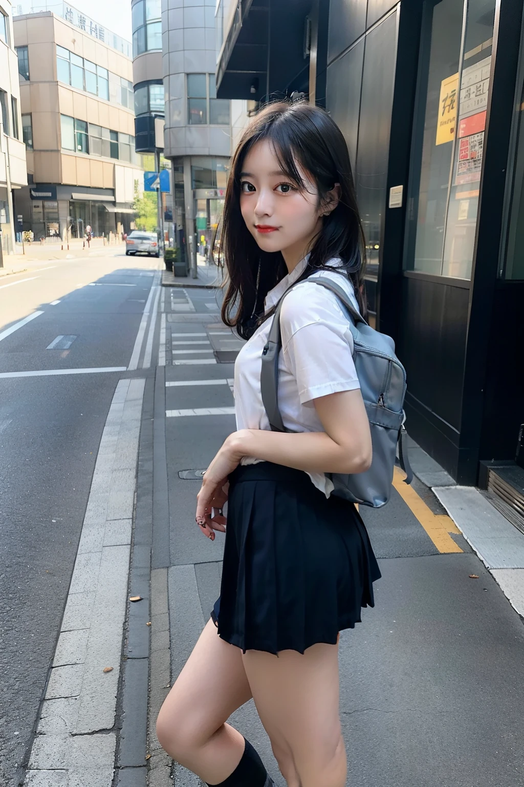 Putting up with、15 only、hi-school girl、a picture、One girl is taking her to the bathroom、Looking away、is standing、green colored eyes、embarrassed from、Blushing、Keep your mouth shut、a street(girl is peeing self:0.4)