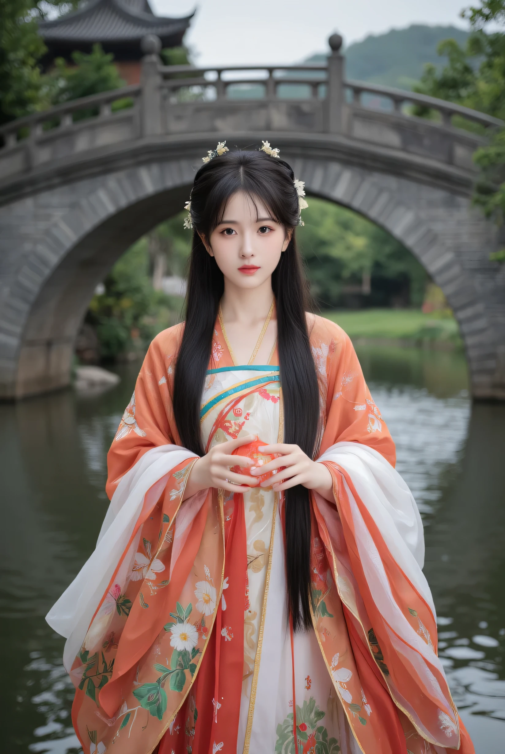 Beautiful chinese girl with long hair, chinese traditional dress, holding a red lantern and standing on a chinese bridge