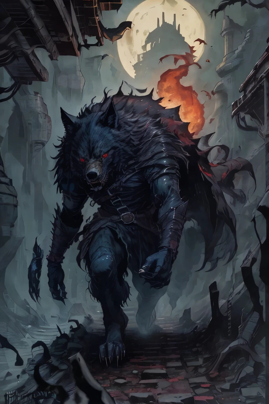 huge black wolf on a cliff in a blood-red night, bright red eyes,roar, 8 HD, 8,000,splash art,Strong,Dirty,Fenrith, red eyes, fear, fear,Provocative,Red moon behind