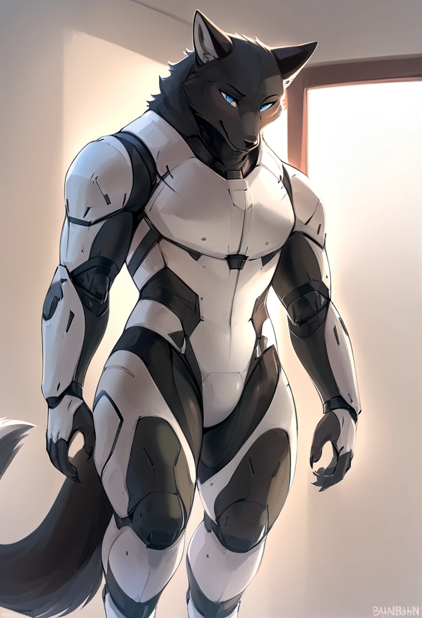 Platinum_Dragon_Lord_Armor, solo, anthro, mammal, nude, male, simple background, glowing eyes, dragon, grey body, blue eyes, fur, glowing, hi res, detailed background, muscle, abs, helmet only, toe claws, full body, underwear, bulge, (pauldron), 1 tail, inside, room <lora:Platinum_Dragon_Lord_Armor:1>