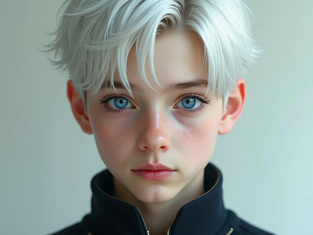 a cute 15 year old boy man with blue eyes silver hair just woke up from a nightmare