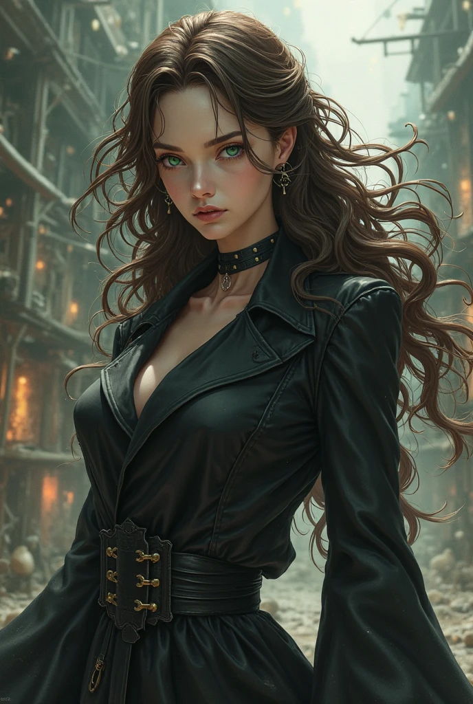 Boku no Hero + My character is a tall, pale-skinned woman + long brown curly hair + dark green eyes + Men's black clothing