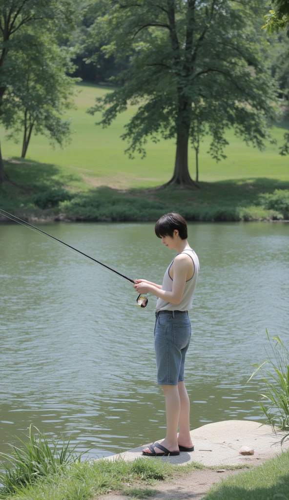handsome Korean teenage boy fisherman 15 years old, perfect handsome face, sharp eyes,high nose, skinny fat body,straw hat , shirtless,no pants,straw belt wearing bikini grey underwear ,standing at Seoul city canal,holding a black fishing rod,