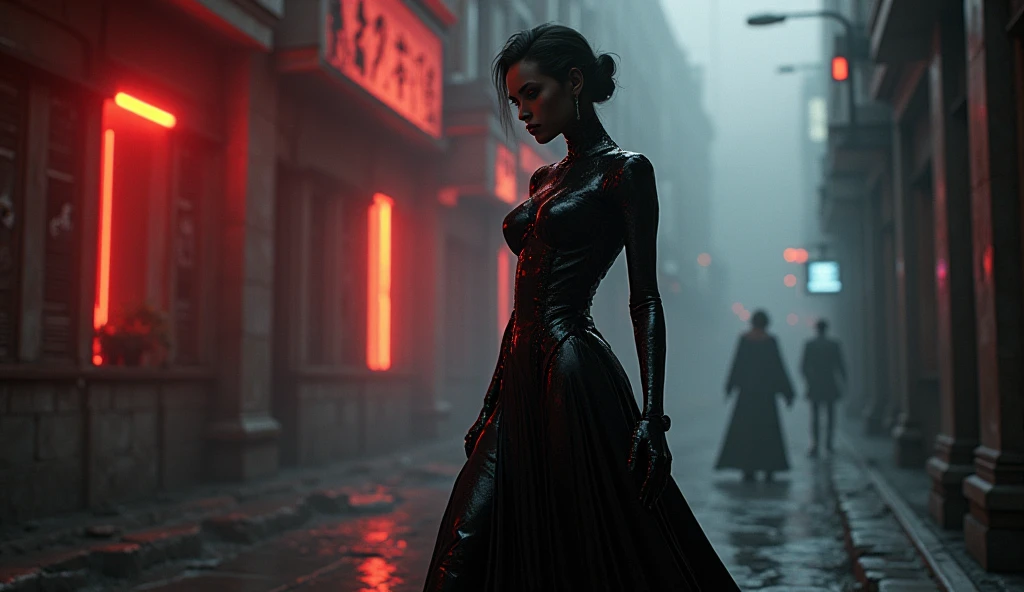 gothic teen, big breasts, scantily clad, in the city, daytime, full body
