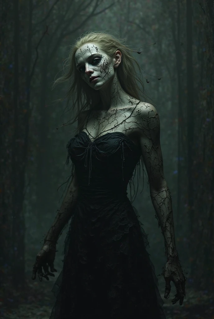 uma jovem de 20 anos, blonde, long hair, angelic face one intense blue eye and the other red, with claws in his hands and fangs in a dark forest, dressed the same as Liana Stark