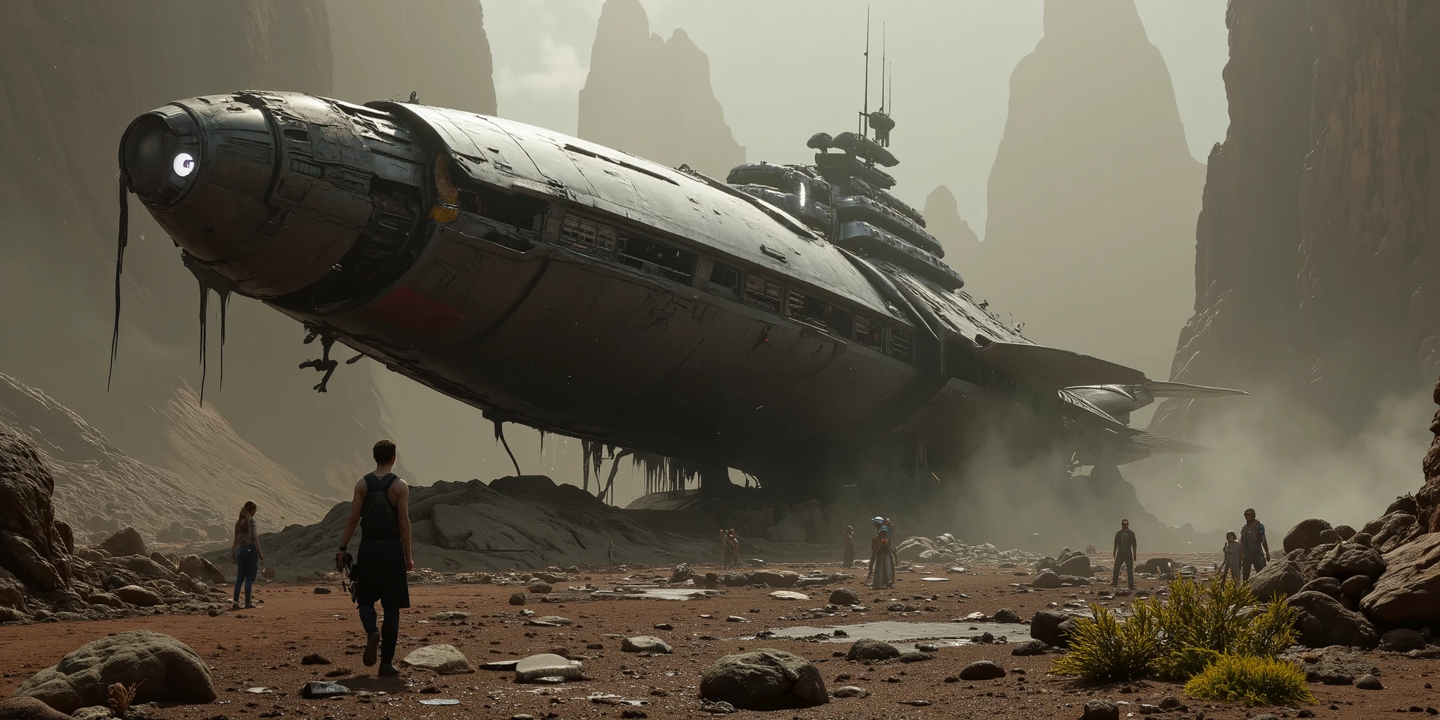A massive spaceship crash-landed on an alien planet, smoke and fire rising from the wreckage, mysterious glowing flora surrounding the site, eerie atmosphere, highly detailed, cinematic sci-fi style 