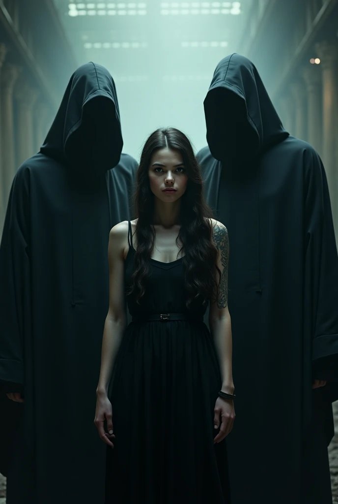 Peoples are standing behind a Scary girl looks like witch