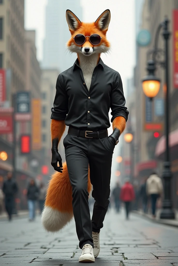 ((An anthropomorphic red fox)) male, big, with realistic fur, (( wearing black shirt)), black shorts, ((wide torso)), at Mexico, ((wearing sunglasses)), fluffy fur, Manos de pelaje oscuro, mejor calidad, ((full body))