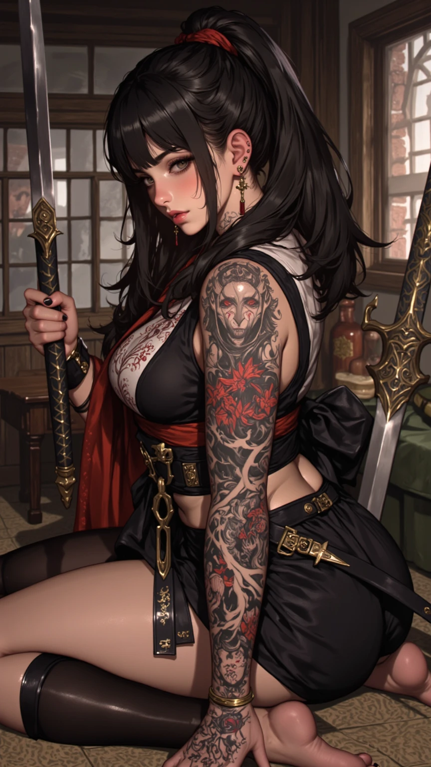 a close up of a  NUDE woman with a sword and a demon makeup, demon  NUDE, BIG , anime girl, demon girl, beautiful elegant demon queen, demon samurai, anime style 4 k, beautiful succubus, dark fantasy style art, gothic fantasy art, very beautiful cyberpunk samurai, anime fantasy artwork, portrait of demon girl, demon samurai warrior, badass anime 8 k, anime epic artwork