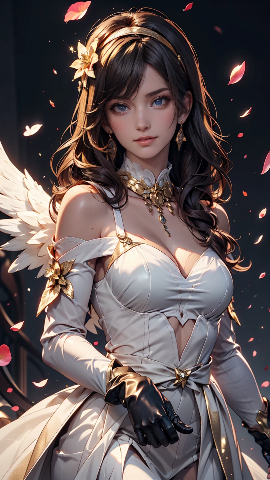 ((RAW Photos)), ((masterpiece)), Anthropomorphic humanoid angel girl in white royal robes, Intricate details, running, A complex Greebles piece, Sky Behind, pink, Beautiful Wings, Fine eyes and lips