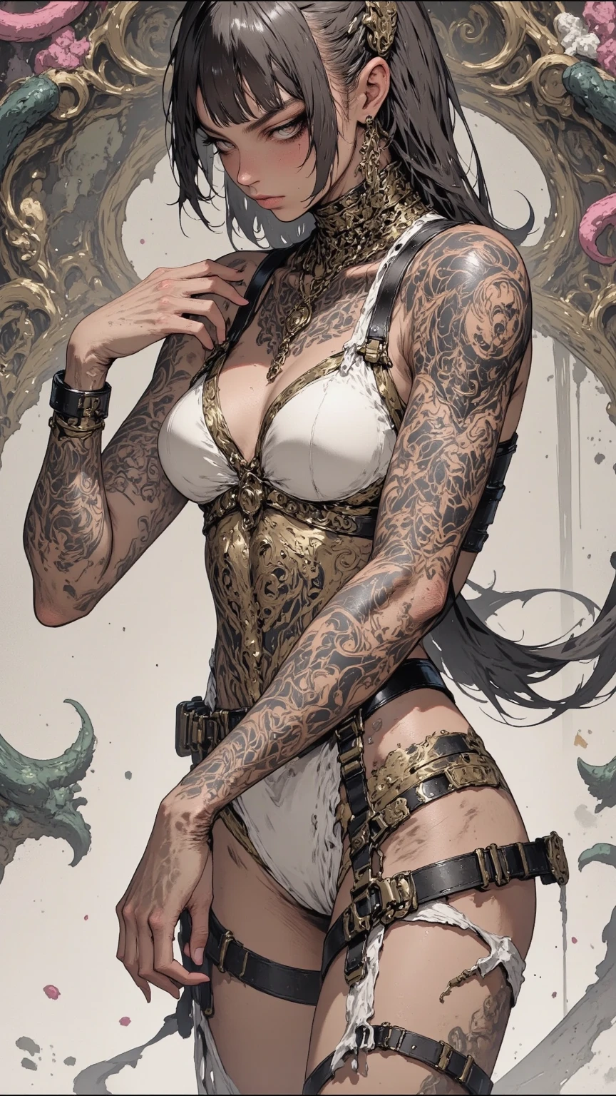 (((mulher))), (((melhor qualidade))), (((obra prima))), (((adulto))), ((( estilo quadrinhos ))), ((( Arte por Adam Hughes ))), A 35-year-old blonde warrior with an athletic body and wearing tiny leather panties, capacete de gladiador, (( sob os peitos )), quase nua no estilo selvagem urbano de Simon Bisley para a capa da revista Heavy Metal, cabelo loiro, ((( tiny leather panties ))), Top with a metallic armor full of thorns over the breasts and arms, Magik de x-men |, Pose sexy, Minimum clothing, black and gold checkerboard pattern, armadura, cheio de pontas e rebites, tatuagem tribal, (((do joelho pra cima))), Arte de Fantasia
