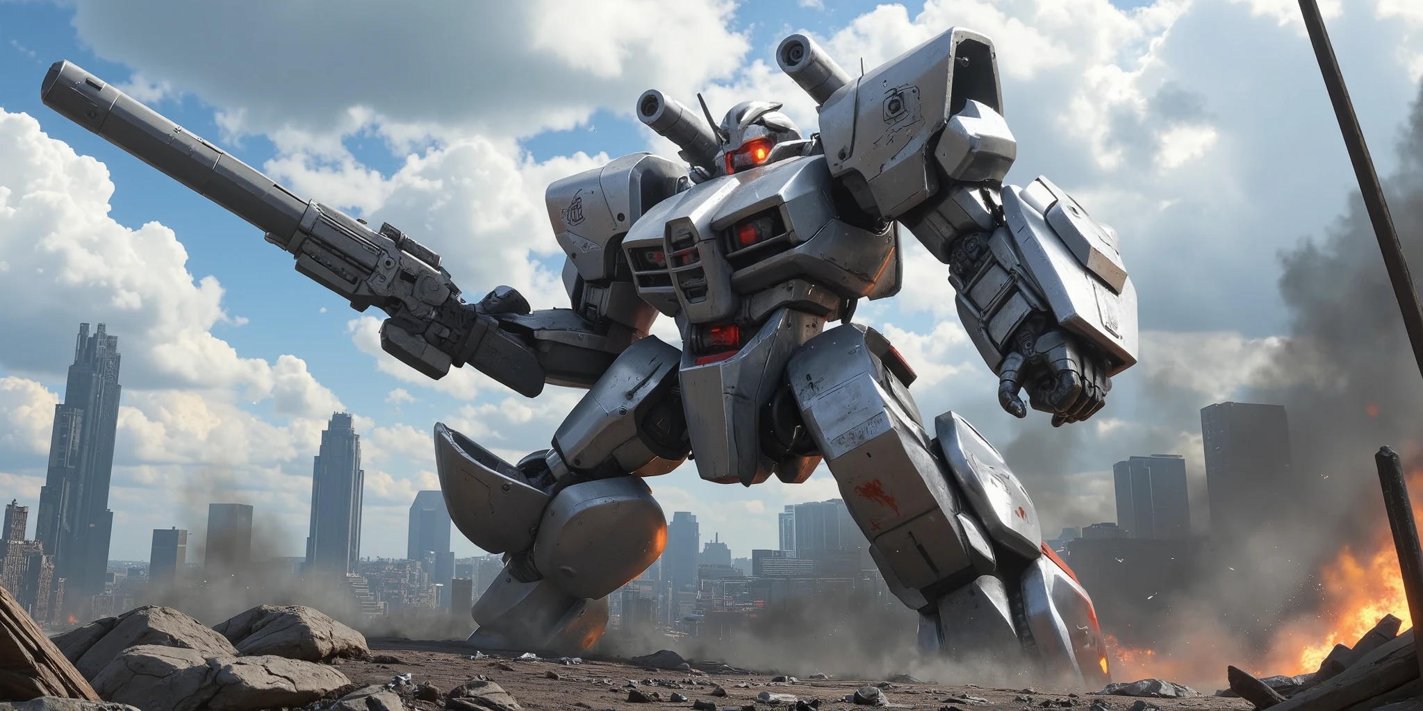 A towering futuristic mecha standing in a war-torn city, glowing energy core, sleek metallic armor, battle damage visible, smoke and fire in the background, cinematic lighting, ultra-detailed, sci-fi anime style
