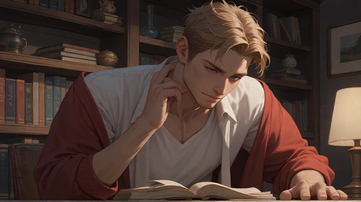 ((Best quality)), ((masterpiece)), (detailed), ((perfect face)), ((halfbody)) Amidst a tranquil slumps, a handsome young blonde character from saga frontier 2, resides in a cozy home, where he channels his creative energy into capturing the enchanting harmony between home and his inner world. As day turns to night, the moonlight envelops his canvas, revealing a breathtaking masterpiece that embodies the essence of his soul's journey and the beauty he discovers within himself."