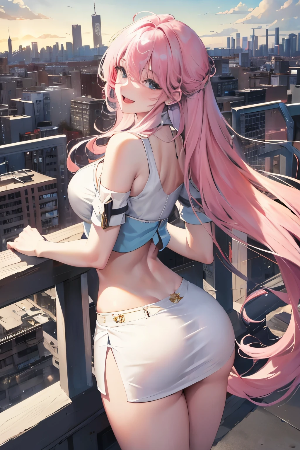 Official fine art,tmasterpiece,Sharp focus,(Beautiful gorgeous lovely Korean women:1.3),(beautiful lovely Korean people:1.3),South Korean beauties,Delicate and beautiful hair and eyes and face,realisticlying,ultra - detailed,a beauty girl,blue-sky,Glowing white particles,(sidelighting:1.2),rays of sunshine,baiyun,Detailed clouds,Slender,Cute big breasts and big buttocks,Toothy laughter,((Laugh and open your eyes)),scenecy,Long straight hair, sexy facial expression, buliding, (cityscape:1.7), Dynamic hair, Long straight hair, Delicate platinum-pink hair, Black silk stockings beautiful leg high heels jade feet