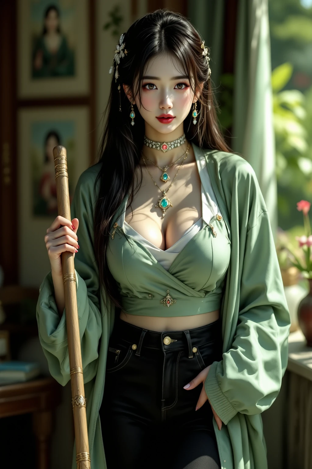 there is a woman sitting down with a longest brown hair, bbwchan, thicc, brown hijab outfit, brown hairstyle model, korean girl, korean woman, wearing brown robe, full length shot, alluring plus sized model, japanese goddess, clothed in hooded, voluptuous and arousing, portrait shot, curvy model, voluptuous body, wonderful, nene tanaka body , bbwchan, The overall atmosphere is smooth , haunting illustrations, extremely high-resolution details, photographic, realism pushed to extreme, fine texture, 4k, ultra-detailed, high quality, high contrast, red sneakers , cold atmosphere ,, cold atmosphere ,, ((Detailed texture of tattooed skin)), tattoo round breasts, irezumi tattoo style, tattoo on breasts, tttattoo, showing her thigh , tattoo on thigh, a close up of a woman with tattoos on her body, inked, tattooed body, fully tattooed body, tattooed, full-body tattoos, full - body tattoos, , full body tattoo, with tattoos, , tattoos, tattoos all over the skin, tattoos and piercings, ((Neka: 0.45)) LoRA, {{Big brother's tattooed woman Iremuzi tattoo style v1.0: 0.91}},, ((BohoAI v1.0 : 0.45))