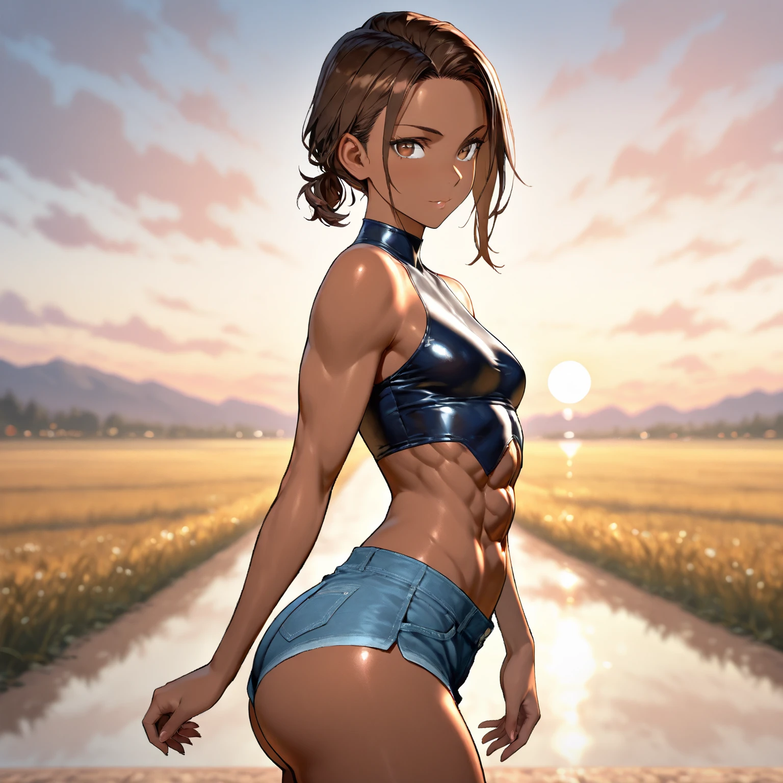 absurdres, high quality, best quality, marci dota2, 1girl, brown hair, brown eyes, ponytail, swimsuit, bikini, standing, ingame model style
