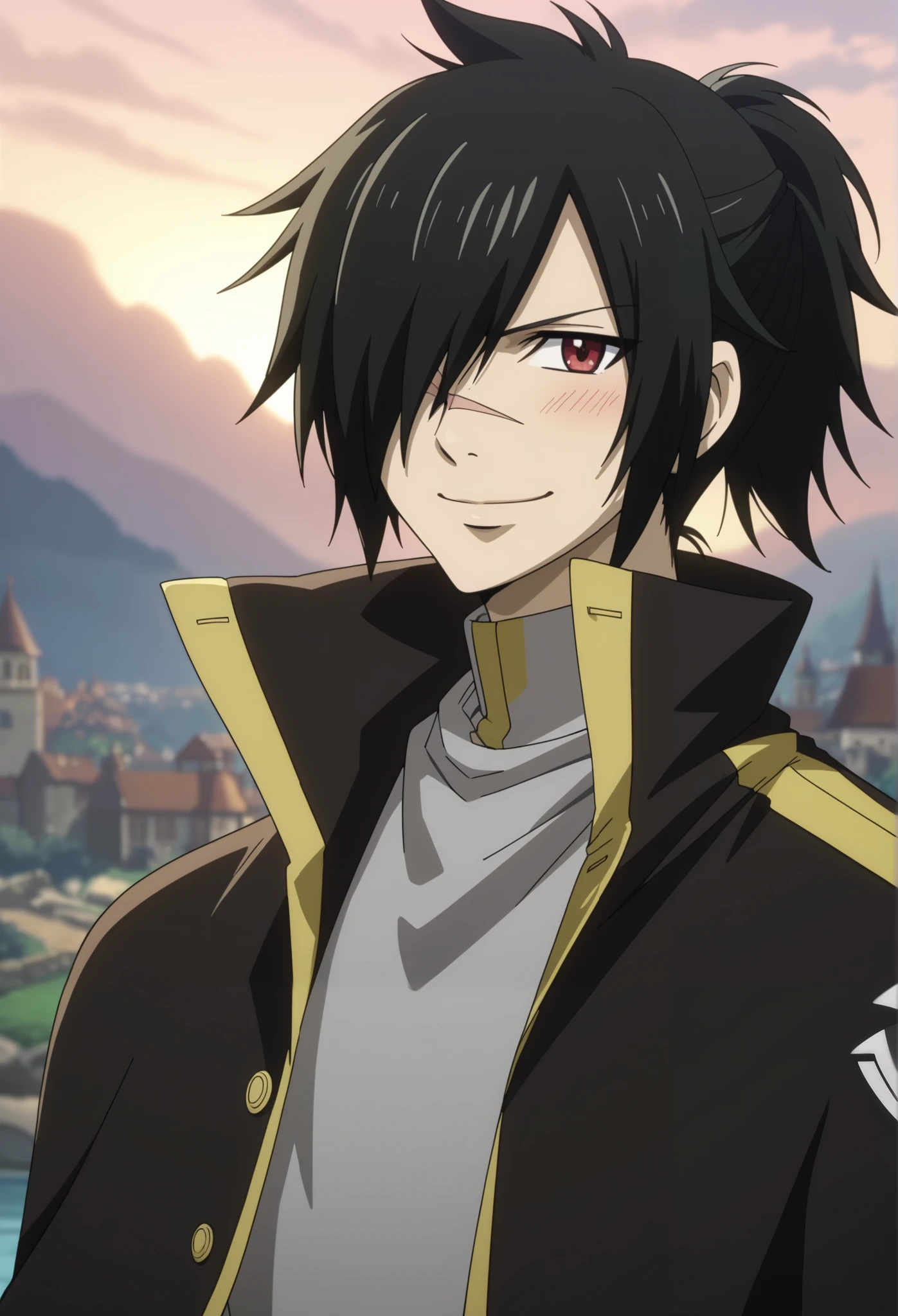 score_9, score_8_up, score_7_up, source_anime, rating_safe, rogue_cheney, black hair, red eyes, ponytail, hair over one eye, scar, tattoo, close-up, happy,, 1boy, male focus, anime screencap, best quality, official style, depth of field, looking at viewer, sky background with soft shadows, soft blue lighting highlighting his features, high-quality anime details, vivid colors, official style, Expressiveh, best quality, amazing quality, very aesthetic, high resolution, ultra-detailed, absurdres, newest, volumetric lighting, masterpiece, scenery, depth of field, BREAK, outdoors, Magnolia background, BREAK, male, solo, male focus, BREAK, standing, looking at viewer, thighs, BREAK ((smile, closed mouth, happy, blush, tender smile, tender expression))