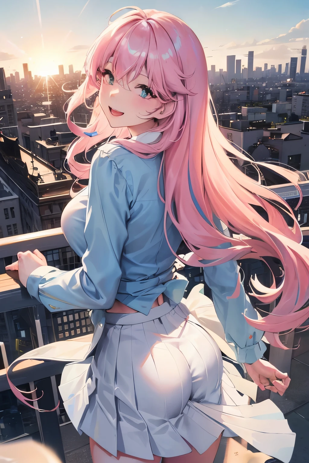 official art, masterpiece, sharp focus, (Beautiful, gorgeous and cute Korean woman:1.3), (beautiful and cute korean:1.3), Korean beauty, exquisite beautiful hair、eyes and face, actual, Super detailed, beautiful girl, blue sky, Glowing white particles, (side light:1.2), sunshine, Baiyun, Detailed cloud, thin and long, Lovely big breasts and big butt, smile with teeth, ((smile with eyes, open your eyes)), landscape, long, straight hair, sexy facial expression, architecture, (city View:1.7), dynamic hair, long, straight hair, Detailed platinum pink hair, glowing blue eyes, (Blue pleated shirt + white skirt), white stockings, pale skin, hair accessories, epic landscape,Nice butt,beautiful butt,white high heels