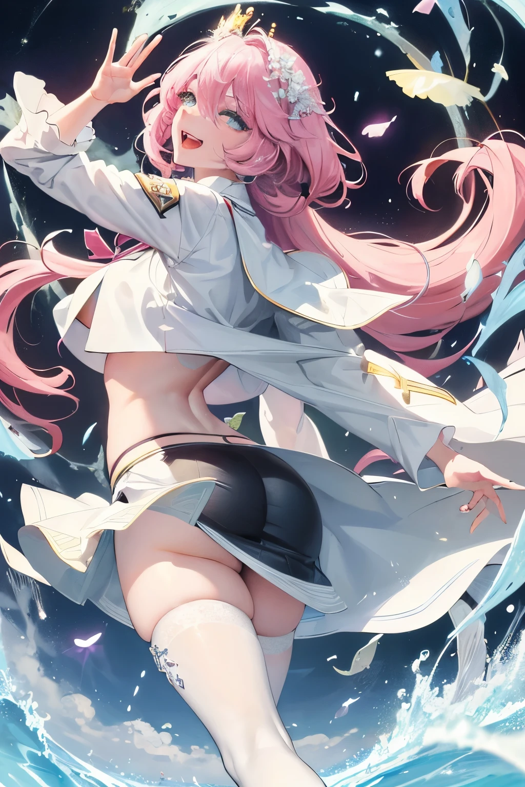 zero two \(darling in franxx\), darling in franxx, 1girl, bangs, bite, from behind, shadow, green eyes, hair behind head, horns, long hair, looking at viewer, big ass, makeup, small breasts, pilot suit, white suit, pink hair, red eyeshadow, science fiction, tight skin, solo
