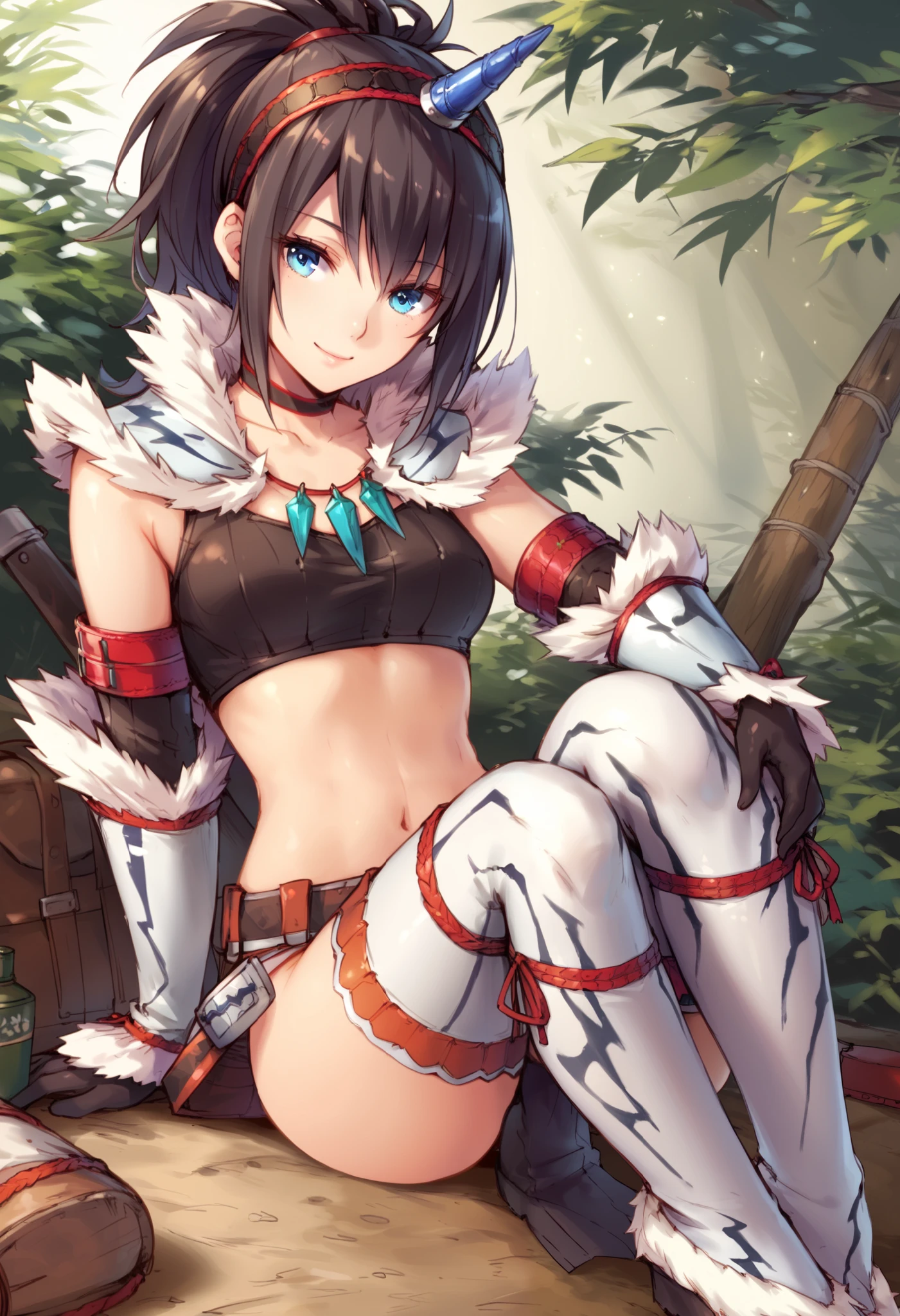 (score_9:0.9),score_8_up,score_7_up,rating_explicit,anime_style,(zPDXL),kirin beta armor,white single horn hairband,white detached sleeves,ung_girl,solo,blue eyes,looking at viewer,sitting,smile,plain_background,medium breasts,,closed mouth,collarbone,black bandeau,white loincloth,BLAKE,medium_breasts,white_knee_boots, camp, campdire,black_knee_highs ,white_tubetop,open_legs,(abs:0.7),(white_spiky_hair:1.4),white_chest_armor,white_fur_waste_armor,