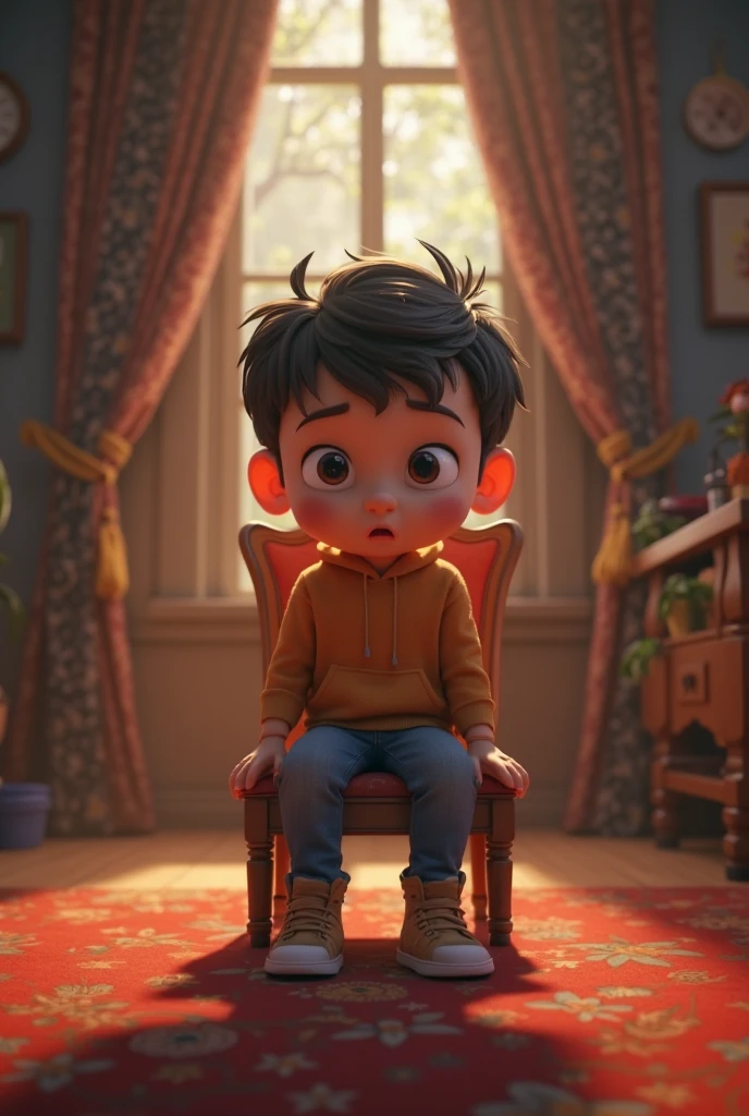 A sad 3 year old boy at home,  3d , pixar style, cinematic,  masterpiece, high-aesthetic 