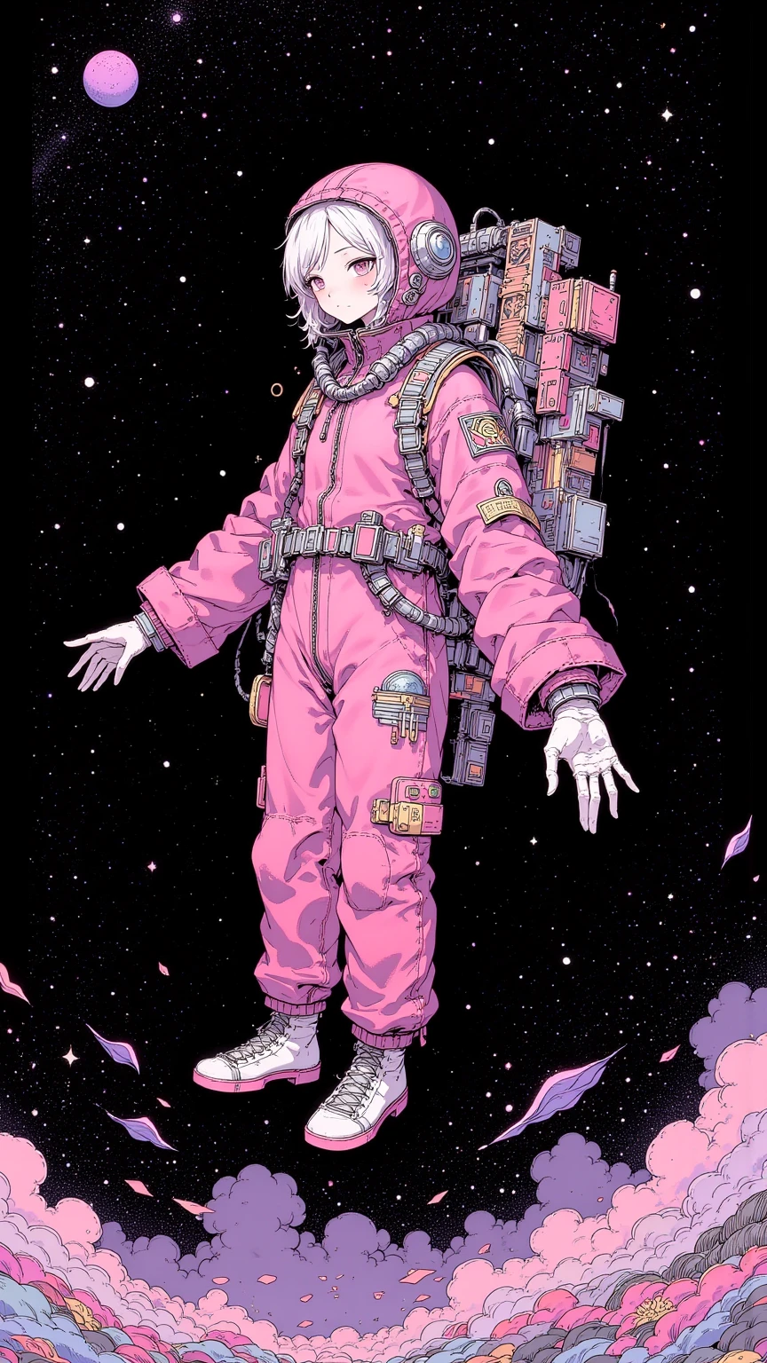 intricate details，((Floating in space))，Wearing a pink aviation suit,starry sky，mysterious，Cute face，amazing art， Dark Dream Scenery ，Illustration style，Graffiti