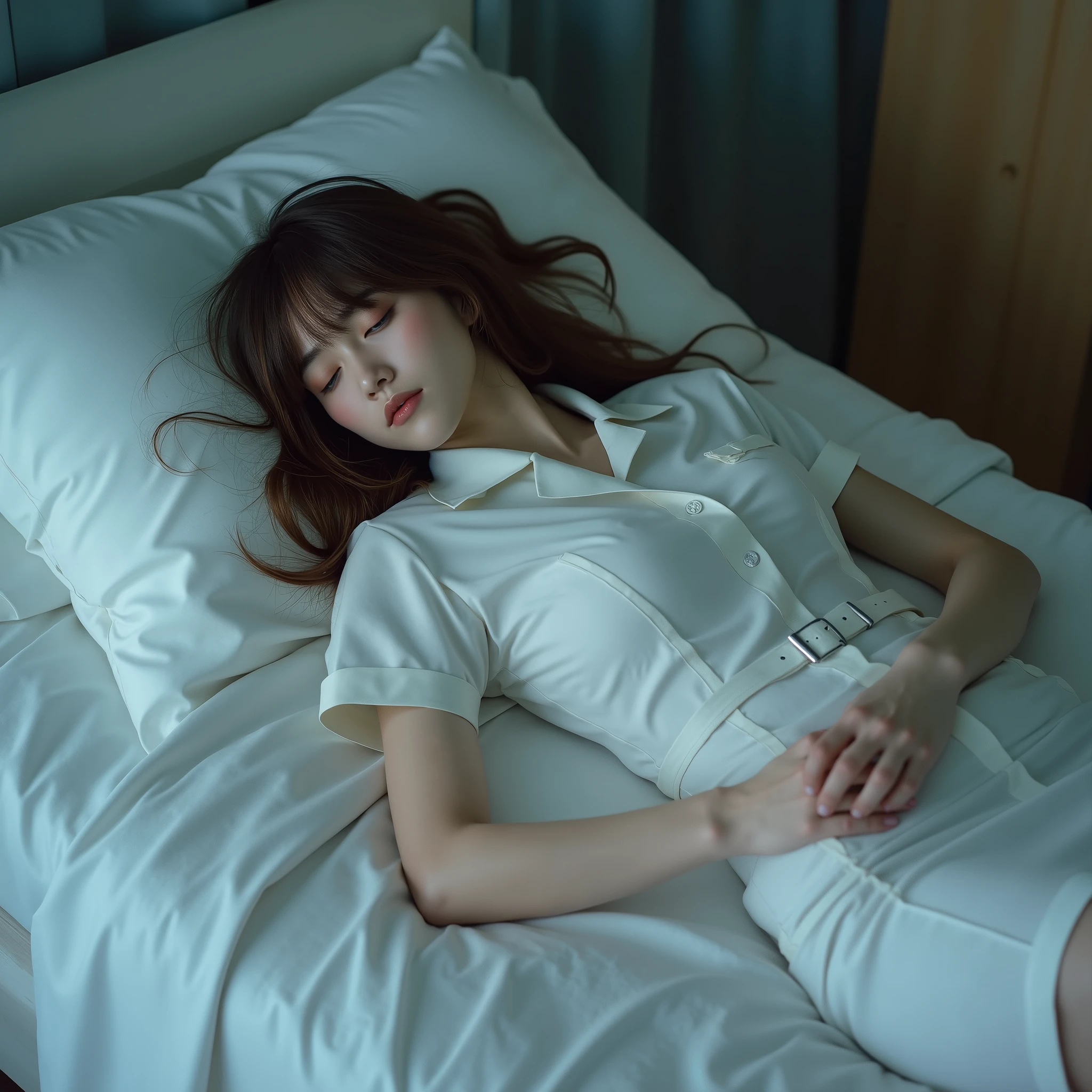 A pretty Japanese woman is laying unconscious on the bed, bound wrists behind your back, eyes close, very bright white skin, brown spread hair, natural bang, wearing a nurse uniform, tight short skirt, eye close, photorealistic, hyperrealism, whole body from head to feet,