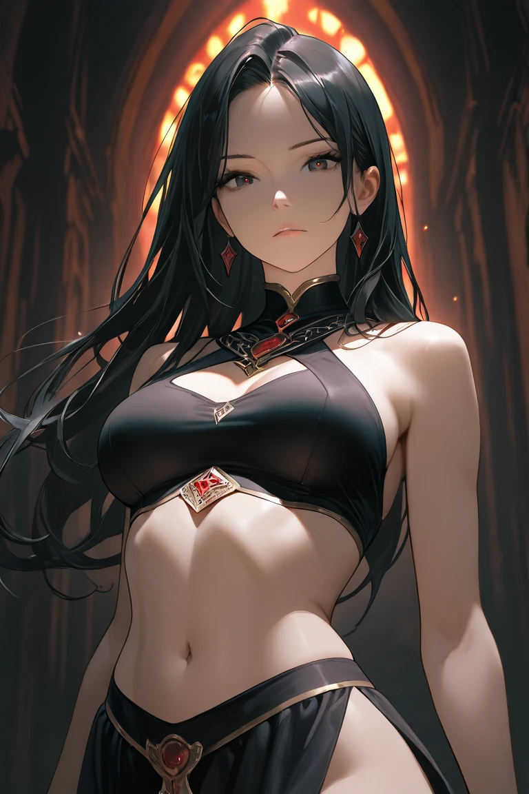 Young black girl, black skin, long white hair, demon horns, red eyes, demon princess dress, open breasts, inner sideboob, underboob, wide neckline, smirk, open belly, masterpiece, high quality