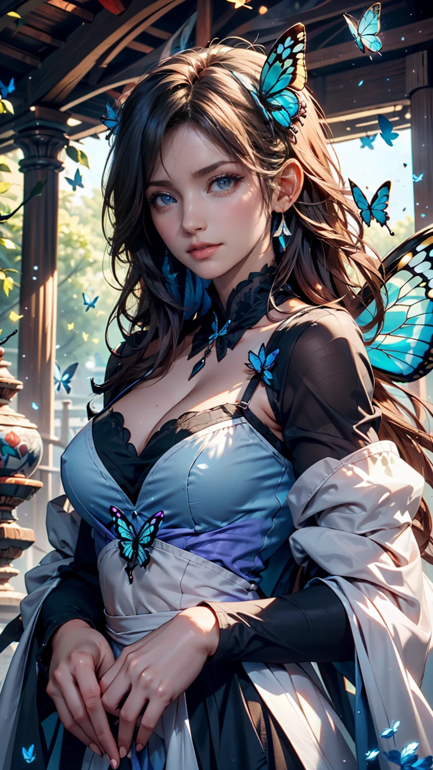((masterpiece)), (((Highest quality))), ((Very detailed)), colorful, High resolution, One girl, alone, Upper Body, Grey Hair,Green Eyes, Luo Tianyi (Midsummer),Midsummer, Black and purple dress, (Blue Butterfly), White butterfly wings