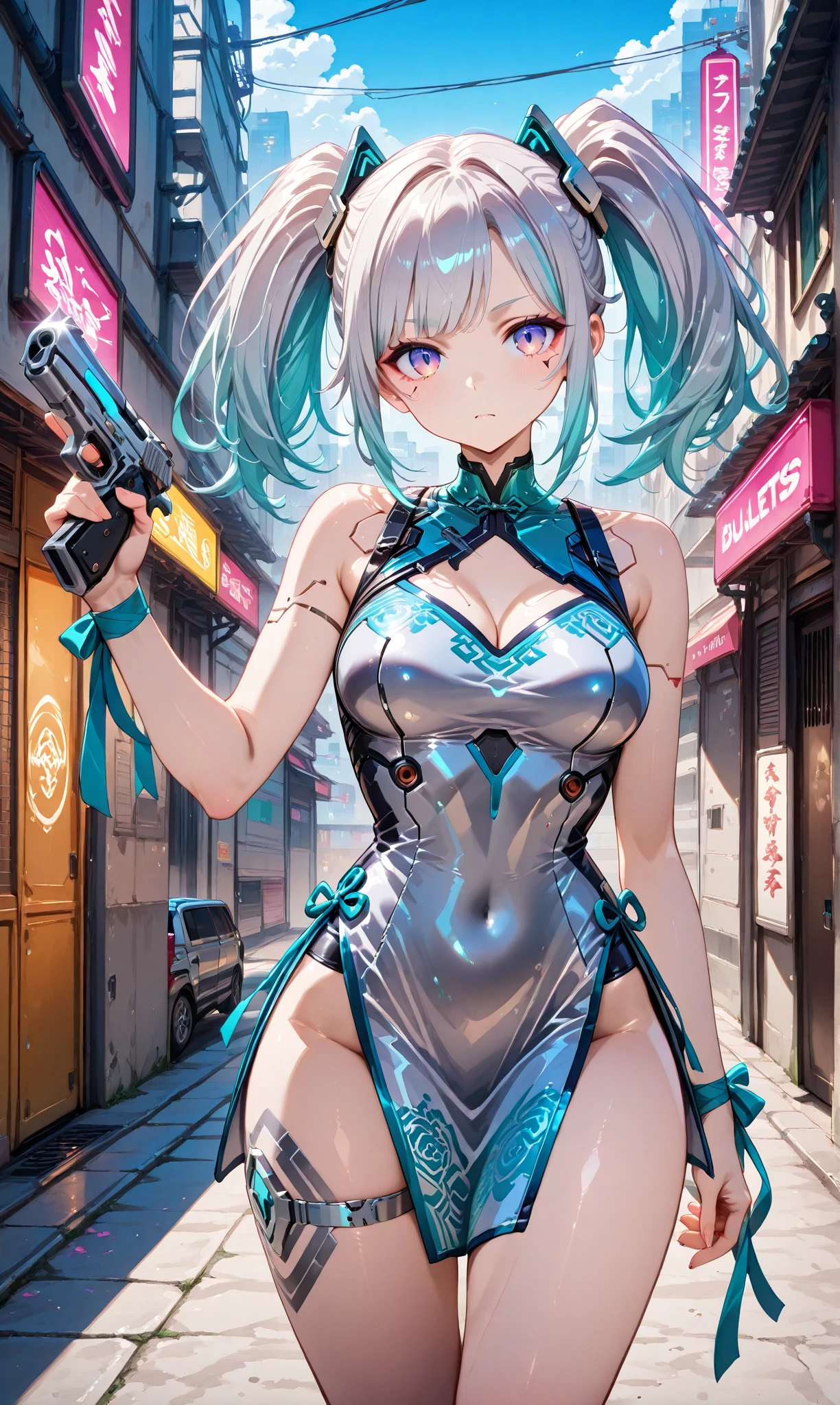woman,14 years old,,city,night,(((white and blue tight miniskirt bodysuit))),,open mouth smile((See-through))glasses,((beautiful long ponytail)),((Baby girl body shape))
