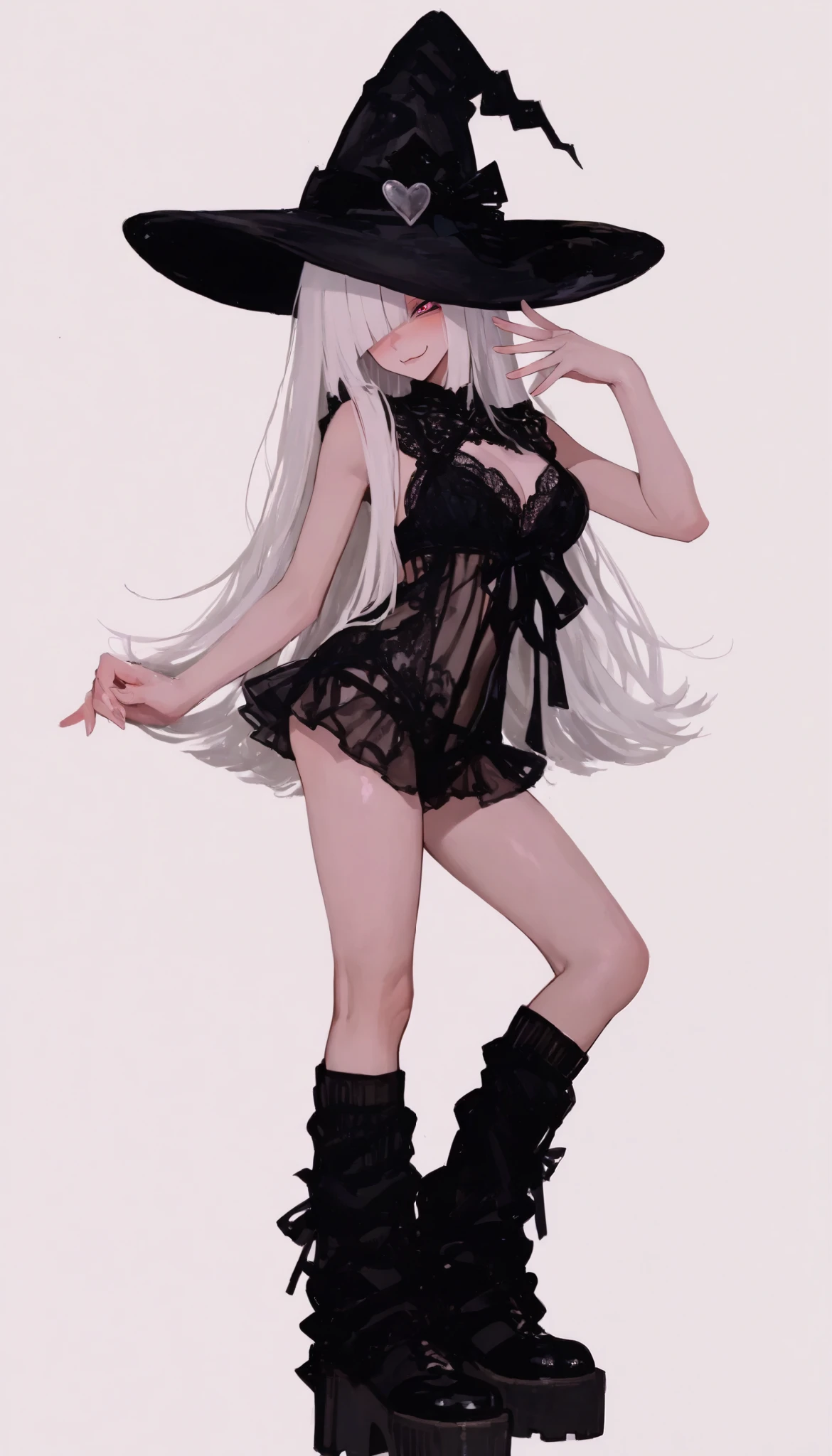 (((Highest Quality))), (Simple background), fighting stance, from side, open legs, detailed background, dynamic pose, full body, portrait, dynamic pose, 1girl, single, standing, fullbody, Droopy eyes, white hair ,hair over one eye, diagonal bangs, heart shaped pupils, Gothic fashion, black lingerie, long black ribbon, witch hat, smug, platform boots, Loose Socks