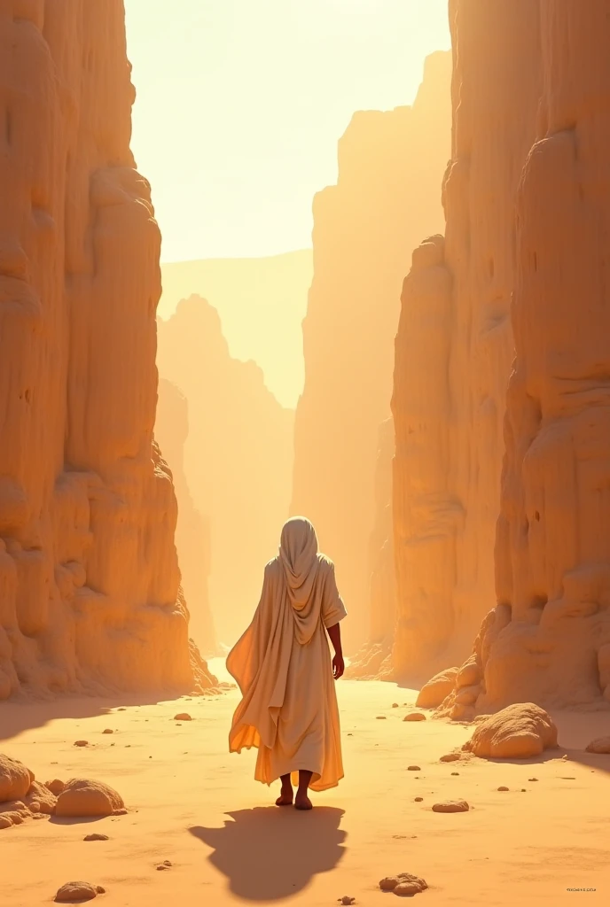 A dervish who is on a journey is walking towards the sunset in the desert. They appear small.