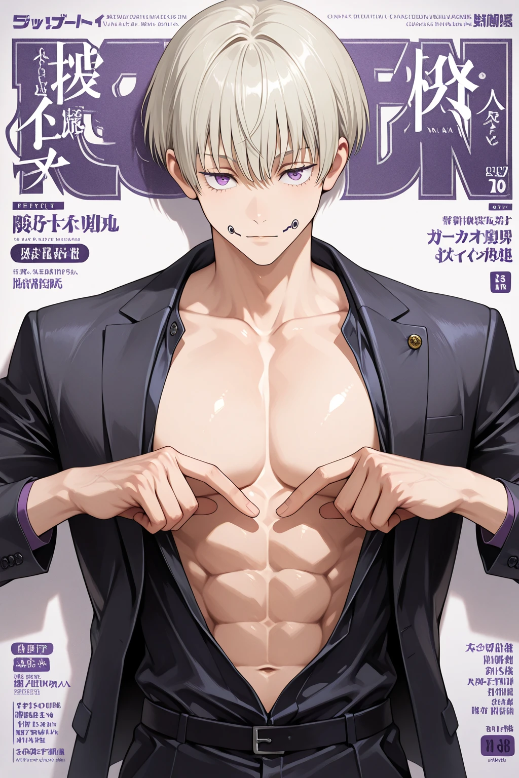 (masterpiece,best quality,ultra_detailed,highres,absurdres),1 mature male, 30-ish, (wide shoulder), (muscular), big body, male focus, solo, blue eyes, blue eyes color, upper body, short hair, white hair, albino boy, looking at viewer, smile face, parted lips, round eyewear, Masterpiece, high quality, best quality, HD, realistic, perfect lighting, detailed body, 1 man, black shirt, calm expression,