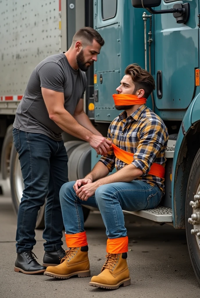 A Japanese chubby construction worker male is 40 years old, He is kneeling in front of an another male, A Japanese chubby construction worker male is giving a blowjob to the male:2, detailed mouth, He is looking at viewer and scowling, medium geeky hair, natural nerdy hair, Orgasm look, erotic humiliation, round face:2, droopy eyes, thick thighs, wearing Construction Worker Uniform, In a dark subway station at night, Super detail, Anatomically correct, this image was taken with a medium telephoto lens, dark warehouse at night, 