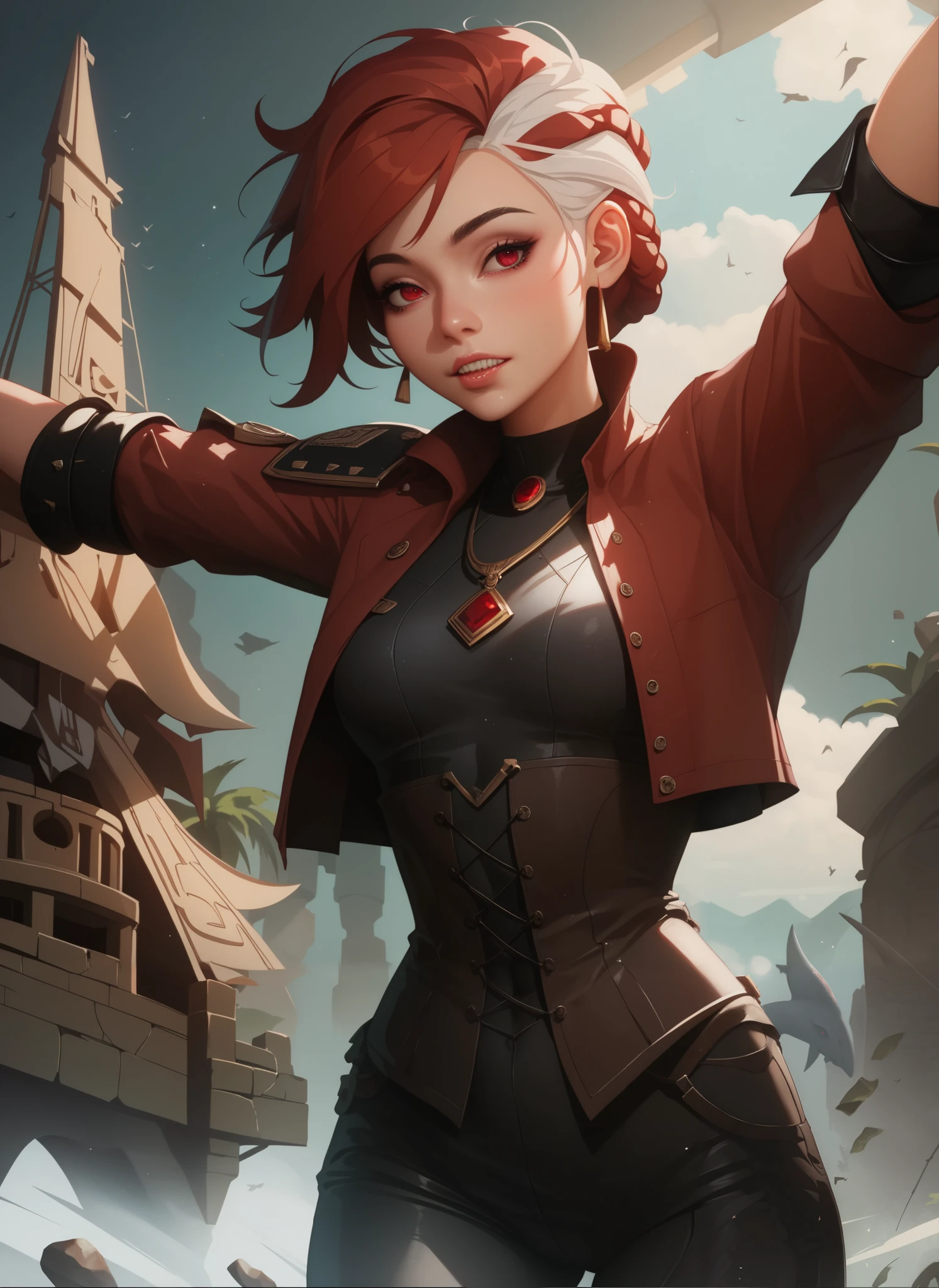 masterpiece, HD , great quality, very aesthetic, absurd, high contrast , high color palette , light glare ,Latest ,2.5D,volumetric lighting, Sweet, jung, 1 girl, Asian eye, aztekisch, round face, slanted eyes, slim lips, smiles, small breasts, red eyes,athletic body, aztekisch, white hair strands, looks at the observer, Dreadlocks, shy, Anime shark teeth, background: jungle and Aztec ruins, look like a young Jennifer Lawrence