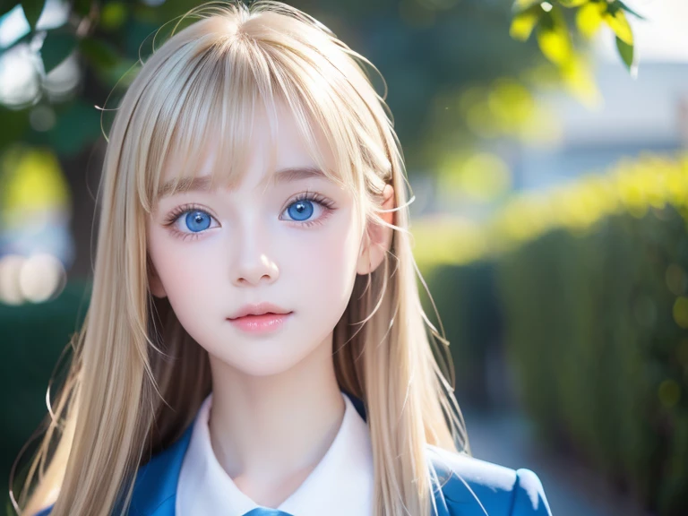 Very beautiful face super long silky blonde hair、bangs between the eyes、The most beautiful 13 year old cute 、hair above eyes、片hair above eyes、hair between eyes、school uniform、rich bust、Very beautiful bright and shining light blue big eyes、very big eyes、small face beauty、cheek gloss highlight
