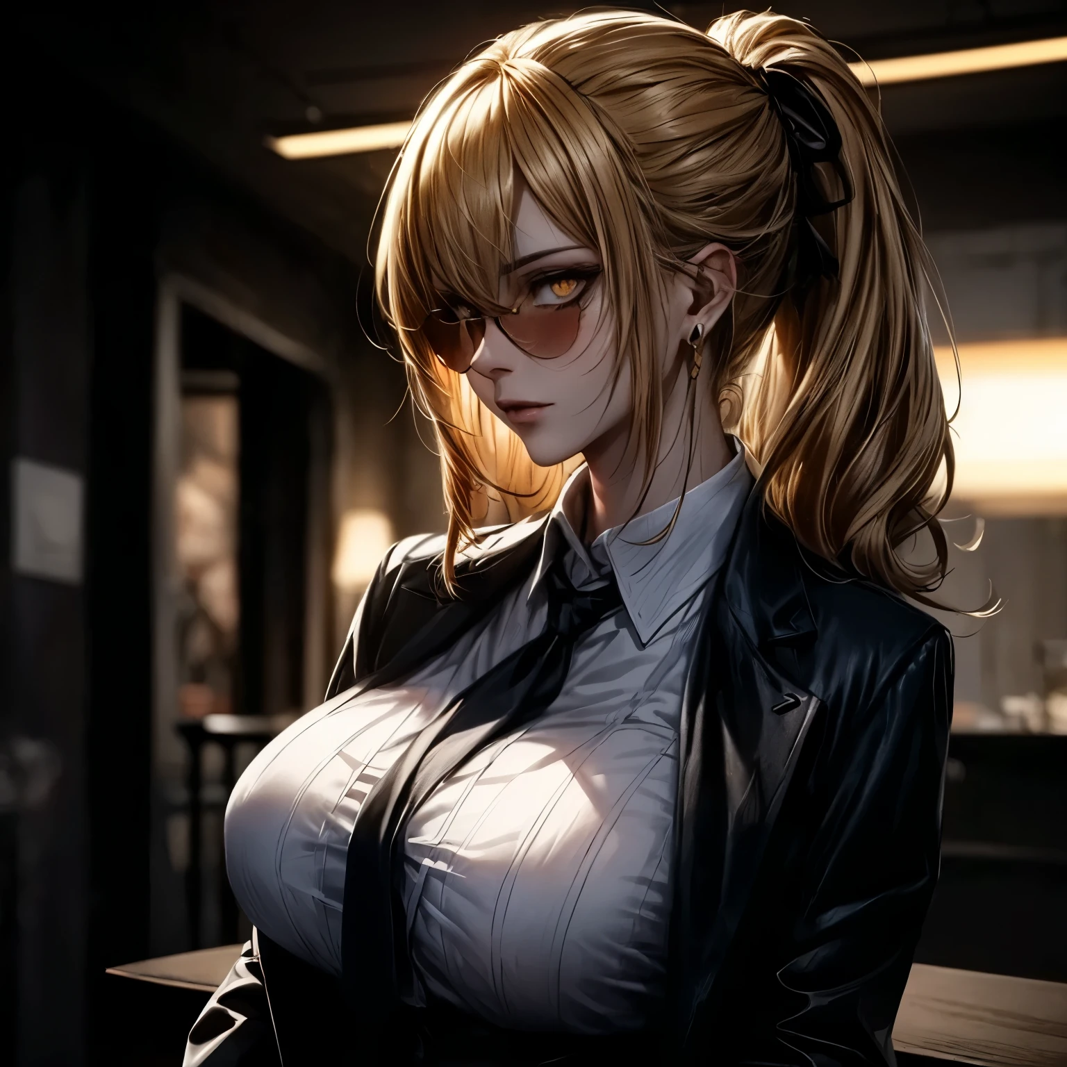 ((best quality)), ((Masterpiece)), ((Enrich the picture,Masterpiece level quality)), golden hair, high ponytail, very big breasts, golden eyes, fierce woman, ultra eyes details, mafia boss, best quality, RAW 4K, Realistically, ( cinematic lighting, moody, textile shading), perfect proportions, ultra detailed, volumetric lighting, soft lighting, glossy skin, beautiful face, Special face details, strong emotions, elegant gesture, Detailed facial features, Long eyelashes, contrast, Incredible atmosphere, Fascinating setting, Haunting beauty , mini white shirt , mafia suit , necktie , mini black skirt , office, sunglass,