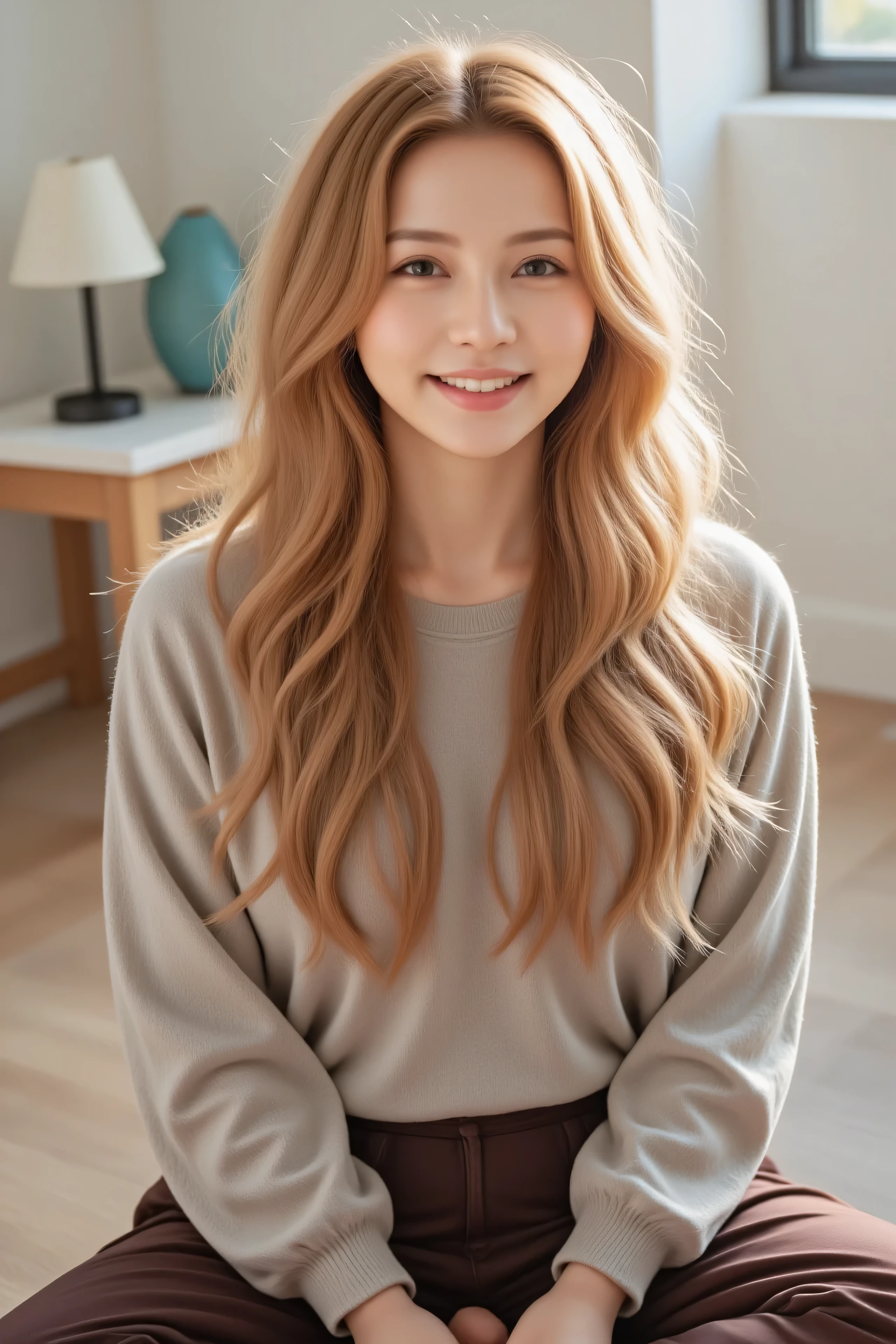 25 year old female 1 、(real、looks like a picture、live-action、8k、real、 RAW photo、best image quality:1.4)、 SLR during homework、 RAW photo、best image quality、real、High Definition CG Unity 8k Wallpaper、Depth of Note Realm、cinematic light、Lens Flare、Ray Tracing、real background、(( super high density skin))、(can be seen all over:1.38)、((gentle smile))、smile、show your teeth and laugh、 Gold, highlight color hairstyle, long hair, wavy hair、Adding tranquility to the scene、yoga poses、random posing、 (( Chicken ))、 Chicken 、🐓、poultry farming 、