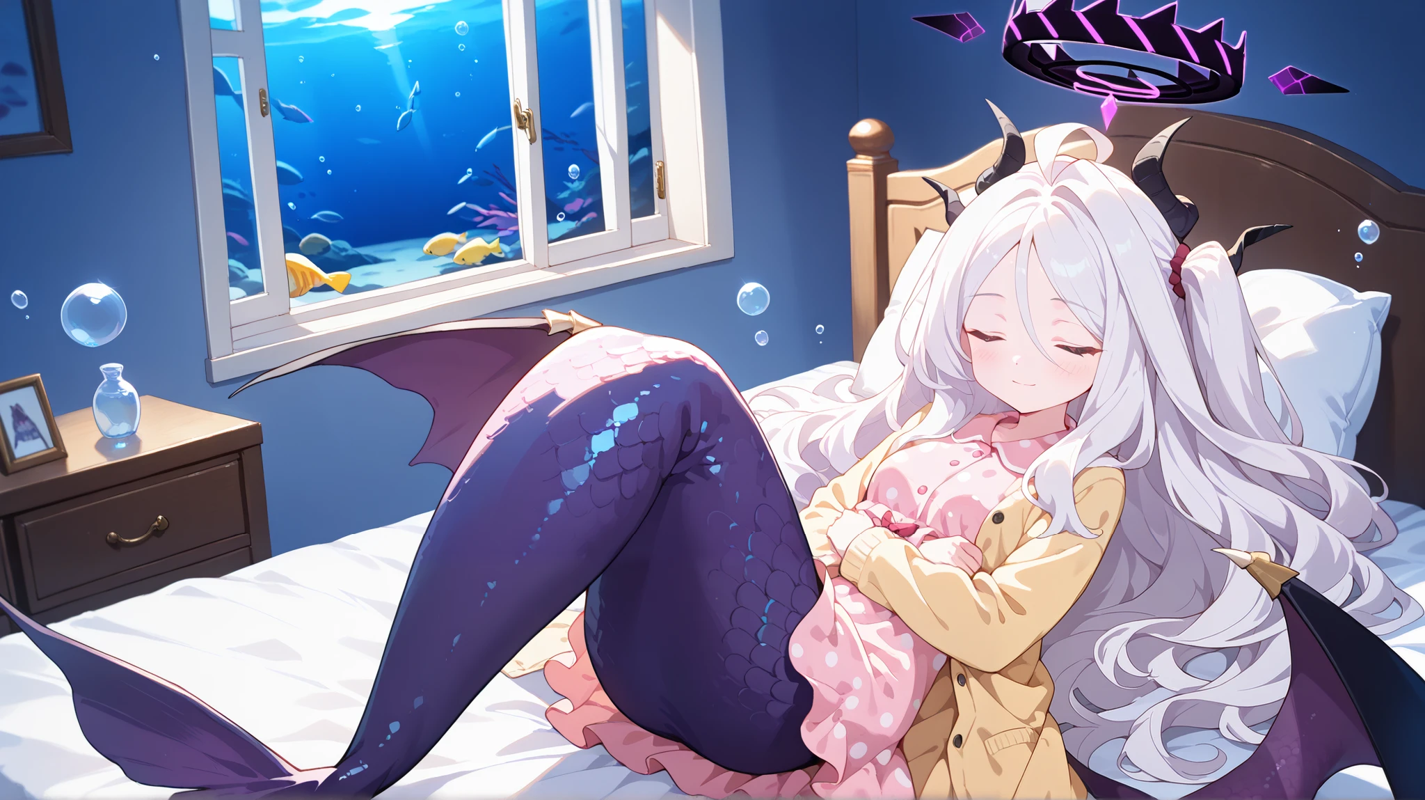 8K, best quality, hina (blue archive),blue archive,window, ((mermaid, purple scales, light smile, closed eyes), laying, on bed, on back, hugging her legs, sleeping, bed sheet, pillow, underwater, bubbles, fish, 1girl, long hair, purple eyes, ahoge, blush, parted bangs, white hair, hair between eyes, sidelocks, grey hair, very long hair, one side up, wavy hair, breasts, polka dot, dress, long sleeves, polka dot dress, pajamas, jacket, cardigan, collared dress, pink dress, coat, bedroom, demon girl, demon wings, solo, official alternate costume, open clothes, horns, halo, demon horns, yellow cardigan, indoors, night, open cardigan, multiple horns, pink pajamas, yellow coat, yellow jacket, blurry foreground, rating:safe, best quality, masterpiece,staekinglight, pcpcpc,(Pastel color)